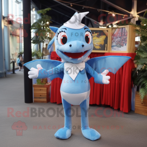 Sky Blue Pterodactyl mascot costume character dressed with a Oxford Shirt and Headbands