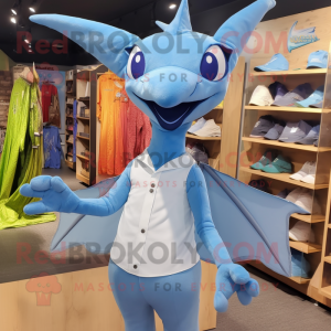 Sky Blue Pterodactyl mascot costume character dressed with a Oxford Shirt and Headbands