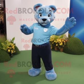 Sky Blue Puma mascot costume character dressed with a Polo Shirt and Gloves