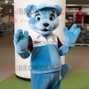 Sky Blue Puma mascot costume character dressed with a Polo Shirt and Gloves