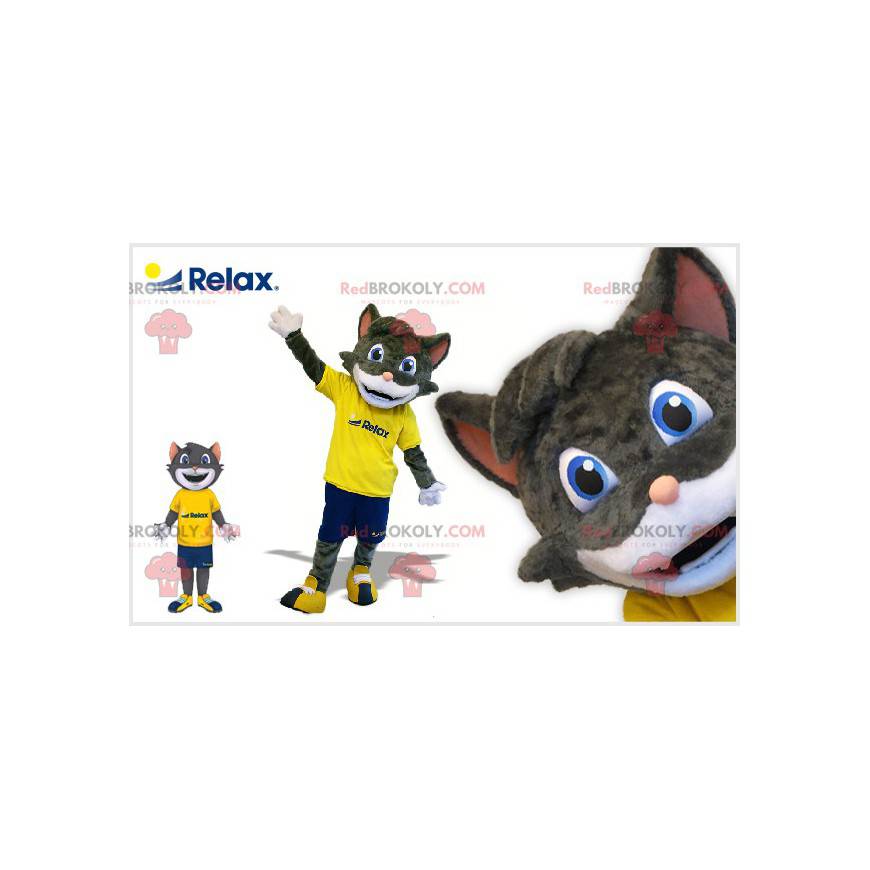 Graues und weißes Katzenmaskottchen in Sportbekleidung -