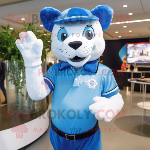 Sky Blue Puma mascot costume character dressed with a Polo Shirt and Gloves