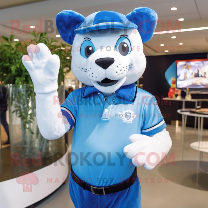 Sky Blue Puma mascot costume character dressed with a Polo Shirt and Gloves Sky Blue Puma mascot costume character dressed with a Polo Shirt and Gloves