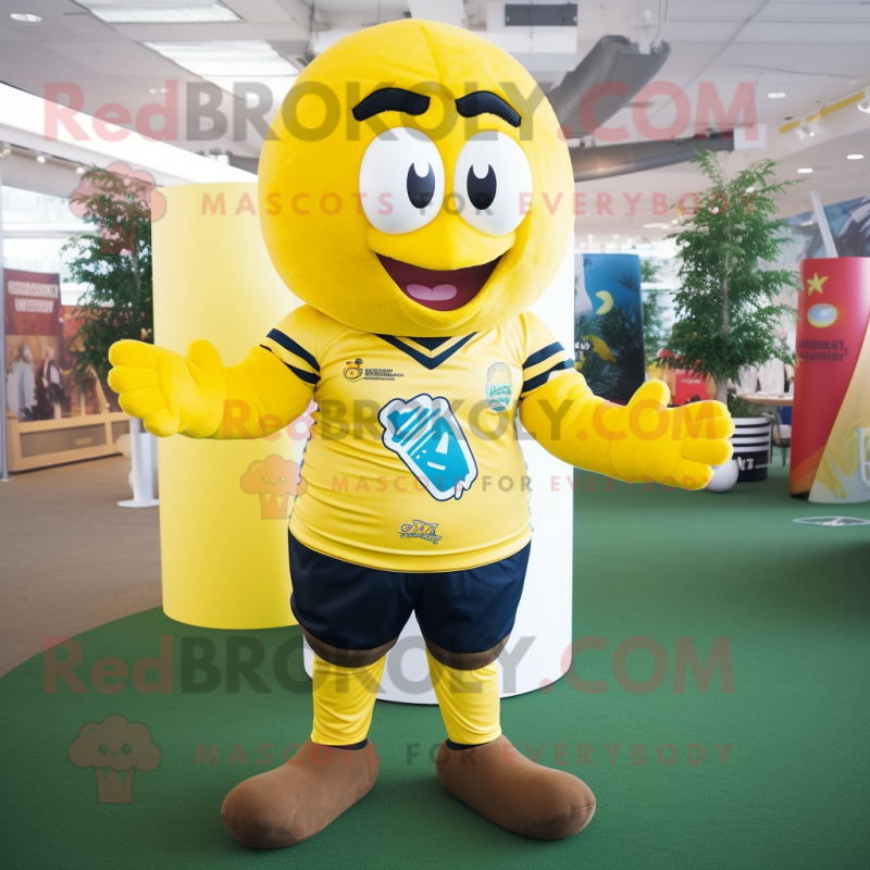 Yellow Lemon mascot costume character dressed with a Rugby Shirt and Scarf clips Yellow Lemon mascot costume character dressed with a Rugby Shirt and Scarf clips