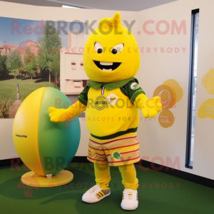 Yellow Lemon mascot costume character dressed with a Rugby Shirt and Scarf clips