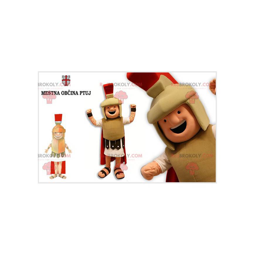 Mascotte Gladiator vestita con un abito beige e rosso -