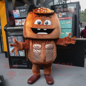 Rust Burgers mascot costume character dressed with a Hoodie and Coin purses