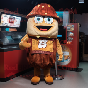 Rust Burgers mascot costume character dressed with a Hoodie and Coin purses