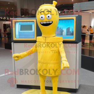 Yellow Television mascot costume character dressed with a Turtleneck and Tie pins