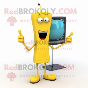 Yellow Television mascot costume character dressed with a Turtleneck and Tie pins