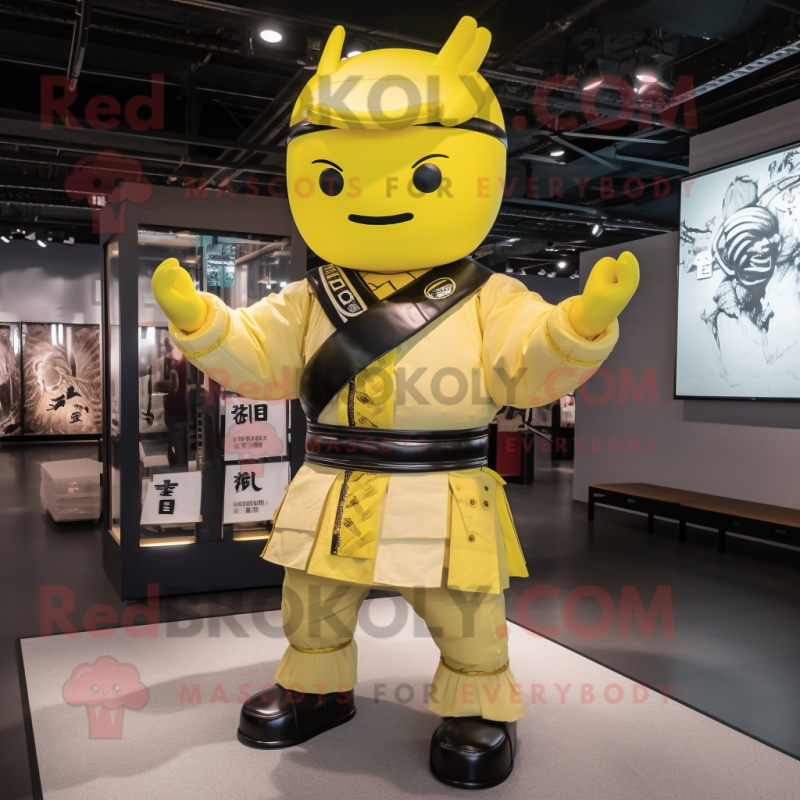 Lemon Yellow Samurai mascot costume character dressed with a Bomber Jacket and Suspenders