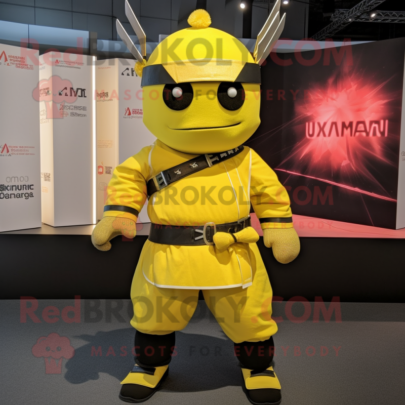 Lemon Yellow Samurai mascot costume character dressed with a Bomber Jacket and Suspenders Lemon Yellow Samurai mascot costume character dressed with a Bomber Jacket and Suspenders