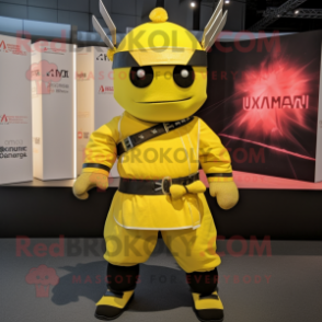 Lemon Yellow Samurai mascot costume character dressed with a Bomber Jacket and Suspenders