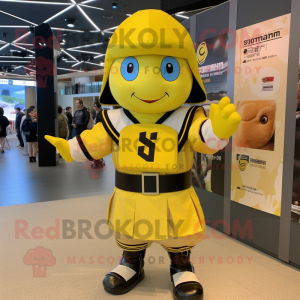 Lemon Yellow Samurai mascot costume character dressed with a Bomber Jacket and Suspenders