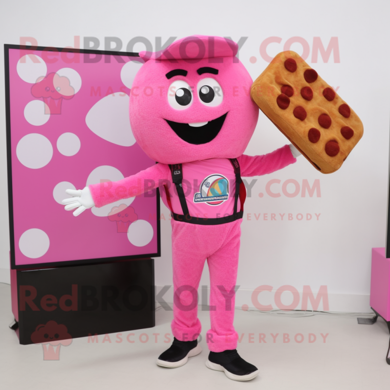 Pink Pizza mascot costume character dressed with a Trousers and Messenger bags Pink Pizza mascot costume character dressed with a Trousers and Messenger bags