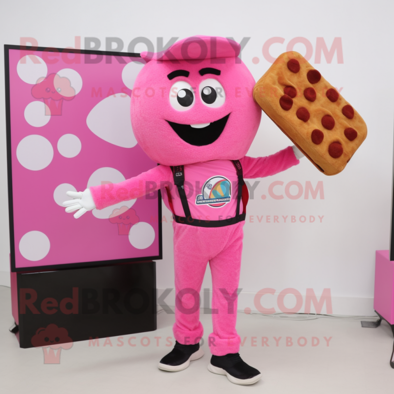 Pink Pizza mascot costume character dressed with a Trousers and Messenger bags