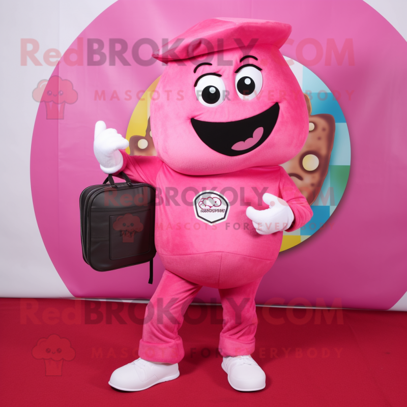 Pink Pizza mascot costume character dressed with a Trousers and Messenger bags Pink Pizza mascot costume character dressed with a Trousers and Messenger bags