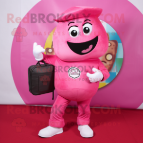 Pink Pizza mascot costume character dressed with a Trousers and Messenger bags