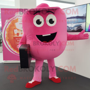 Pink Pizza mascot costume character dressed with a Trousers and Messenger bags