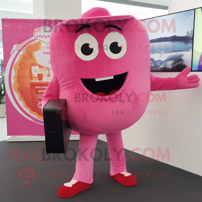 Pink Pizza mascot costume character dressed with a Trousers and Messenger bags Pink Pizza mascot costume character dressed with a Trousers and Messenger bags