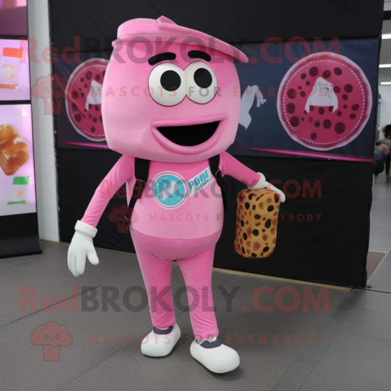 Pink Pizza mascot costume character dressed with a Trousers and Messenger bags