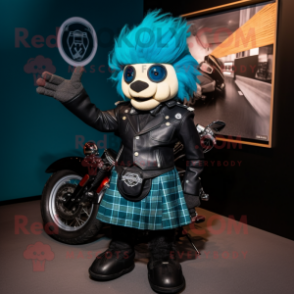 Teal Bagpipe mascot costume character dressed with a Biker Jacket and Gloves