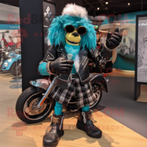 Teal Bagpipe mascot costume character dressed with a Biker Jacket and Gloves
