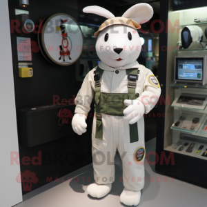 White Special Air Service mascot costume character dressed with a Dungarees and Lapel pins