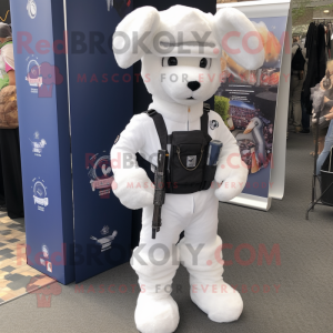 White Special Air Service mascot costume character dressed with a Dungarees and Lapel pins