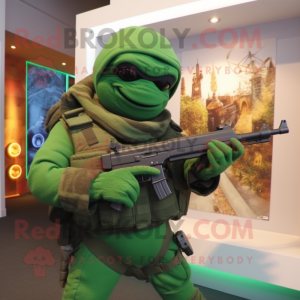 Forest Green Sniper mascot costume character dressed with a Turtleneck and Scarves