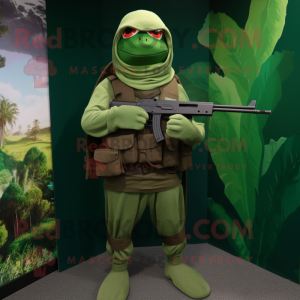 Forest Green Sniper mascot costume character dressed with a Turtleneck and Scarves