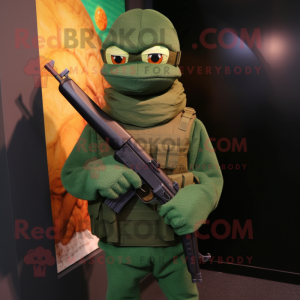 Forest Green Sniper mascot costume character dressed with a Turtleneck and Scarves