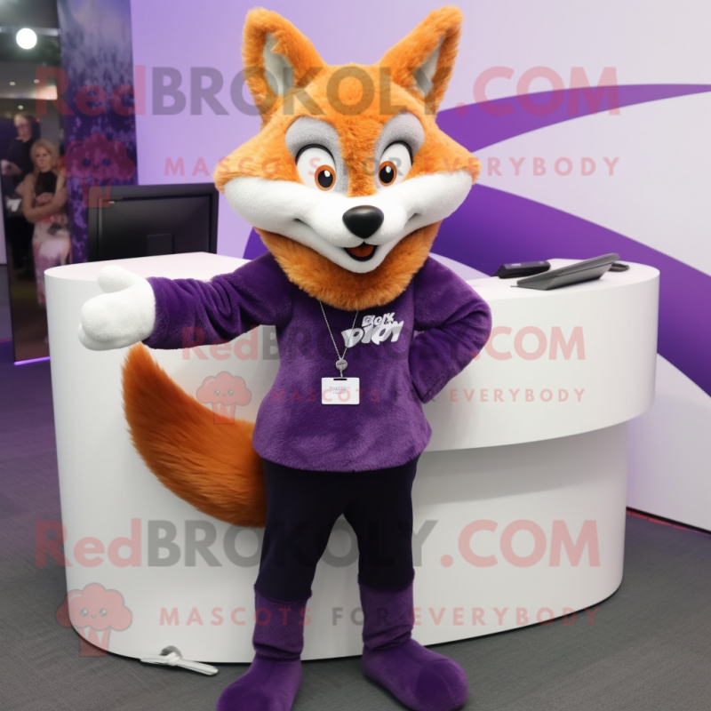 Purple Fox mascot costume character dressed with a Pencil Skirt and Mittens