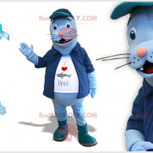 Blå sjölejonmaskot med en jacka och en stor mage -