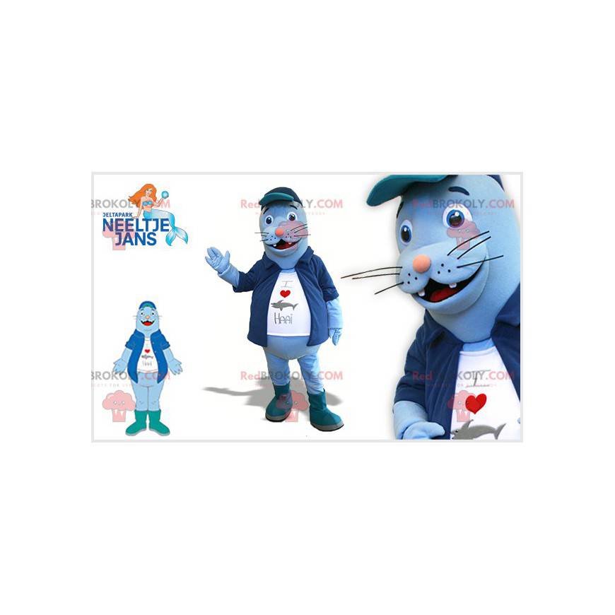 Blue sea lion mascot with a jacket and a big belly -