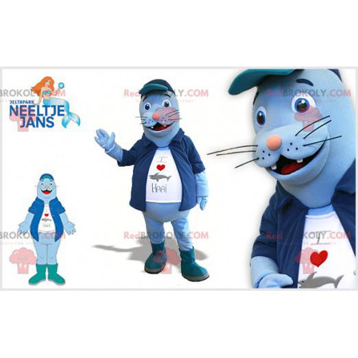 Blå sjölejonmaskot med en jacka och en stor mage -
