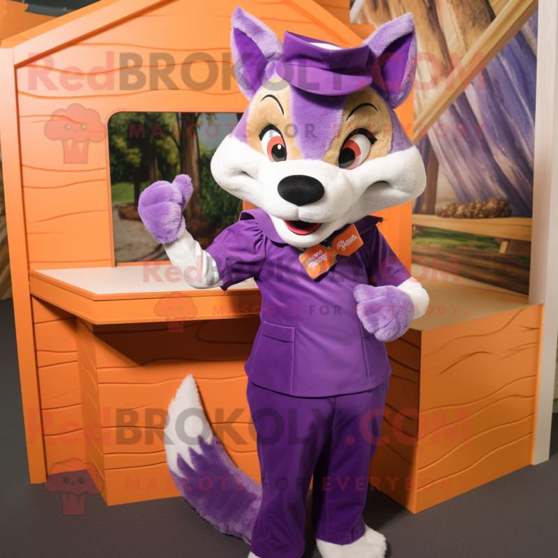 Purple Fox mascot costume character dressed with a Pencil Skirt and Mittens