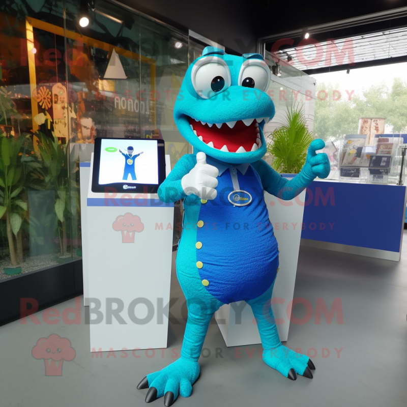 Blue Crocodile mascot costume character dressed with a Mini Dress and Smartwatches