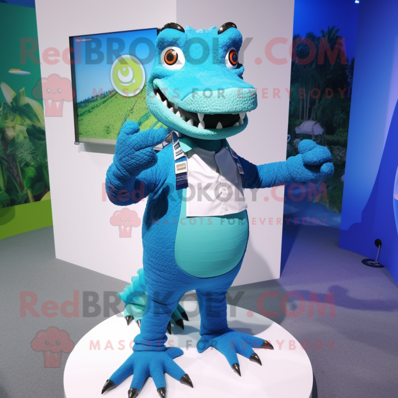 Blue Crocodile mascot costume character dressed with a Mini Dress and Smartwatches Blue Crocodile mascot costume character dressed with a Mini Dress and Smartwatches