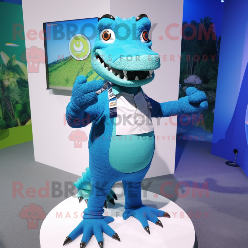 Blue Crocodile mascot costume character dressed with a Mini Dress and Smartwatches