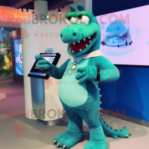 Blue Crocodile mascot costume character dressed with a Mini Dress and Smartwatches