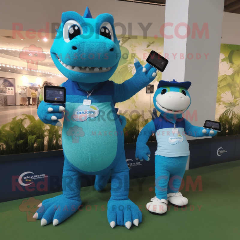 Blue Crocodile mascot costume character dressed with a Mini Dress and Smartwatches Blue Crocodile mascot costume character dressed with a Mini Dress and Smartwatches