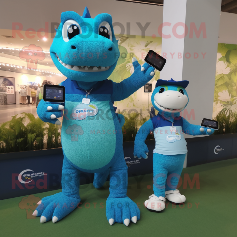 Blue Crocodile mascot costume character dressed with a Mini Dress and Smartwatches