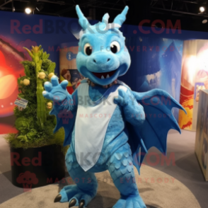 Sky Blue Dragon mascot costume character dressed with a Playsuit and Shawl pins