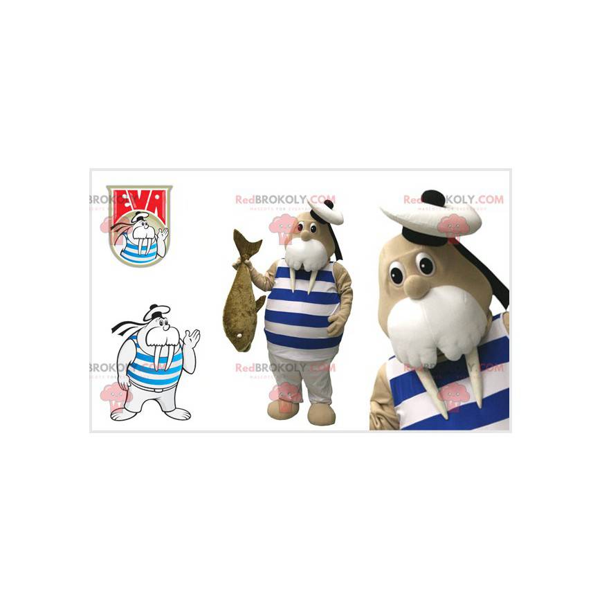 Walrus mascot with a sailor outfit and a big fish -