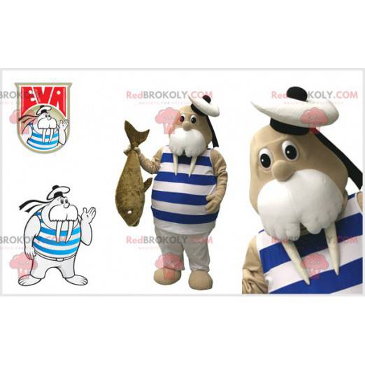 Walrus mascot with a sailor outfit and a big fish -