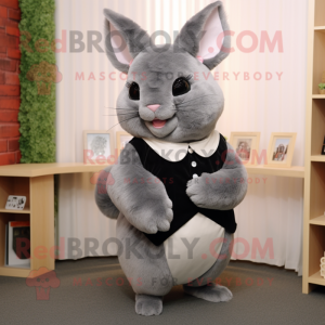 Gray Chinchilla mascot costume character dressed with a Mini Dress and Tie pins