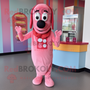 Pink Hot Dog mascot costume character dressed with a Overalls and Necklaces