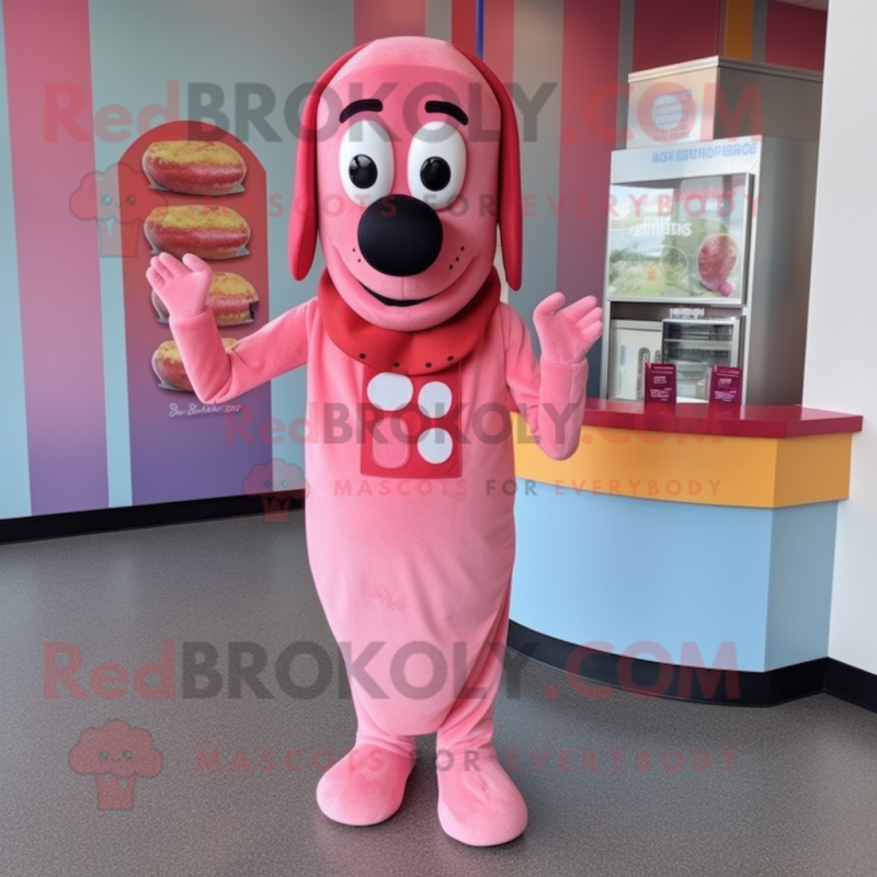 Pink Hot Dog mascot costume character dressed with a Overalls and Necklaces Pink Hot Dog mascot costume character dressed with a Overalls and Necklaces