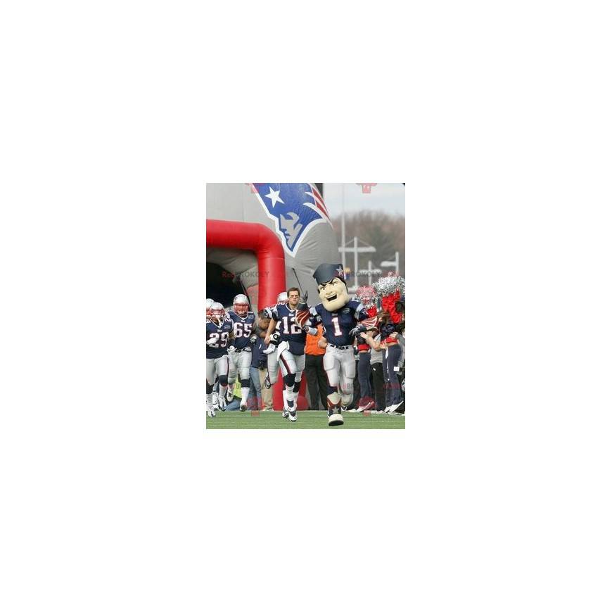 Blue and white American footballer mascot with flames -